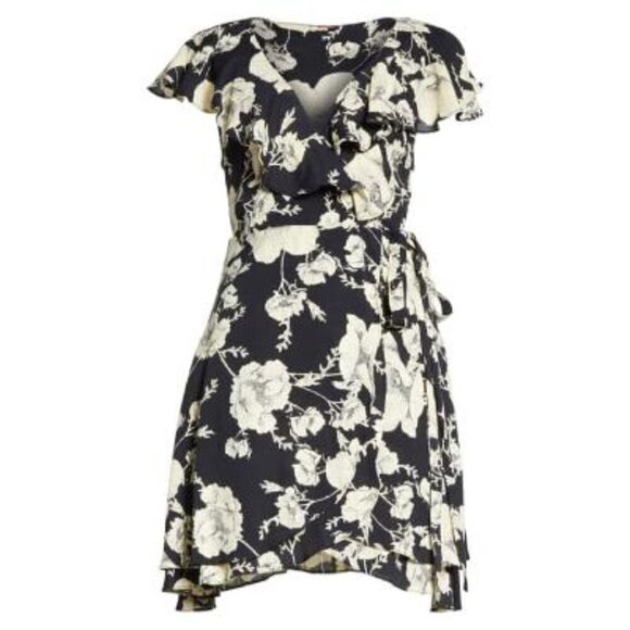 Free People Black Floral Boho Short Flutter Sleeve Wrap Mini Dress Sz S New - Picture 7 of 13